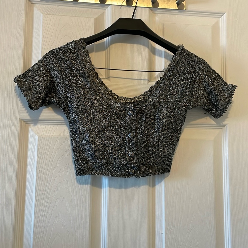 Stunning metallic silver boho crop sari blouse top crochet